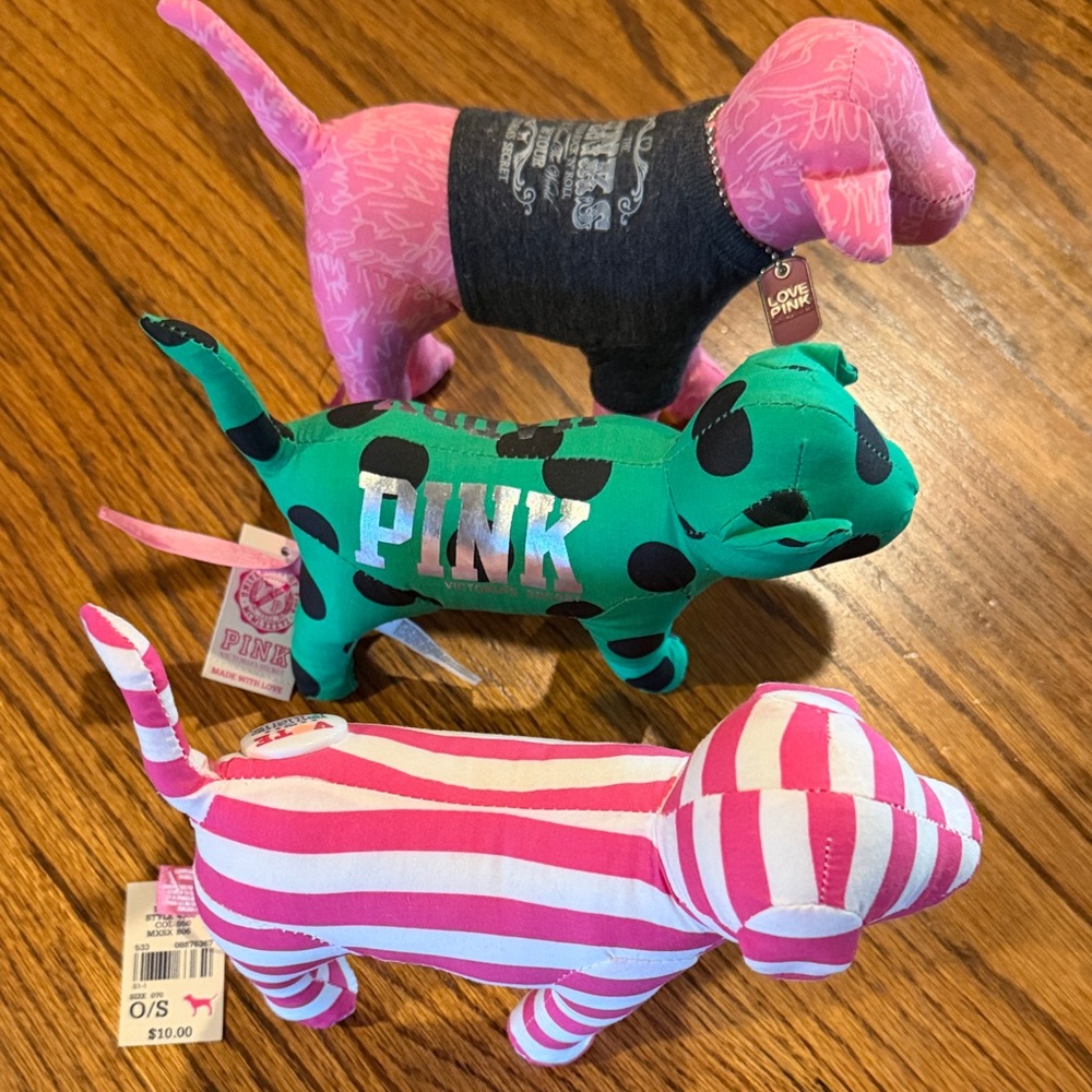 PINK Victoria's Secret Plush Dog Trio - Pink, Green, Black